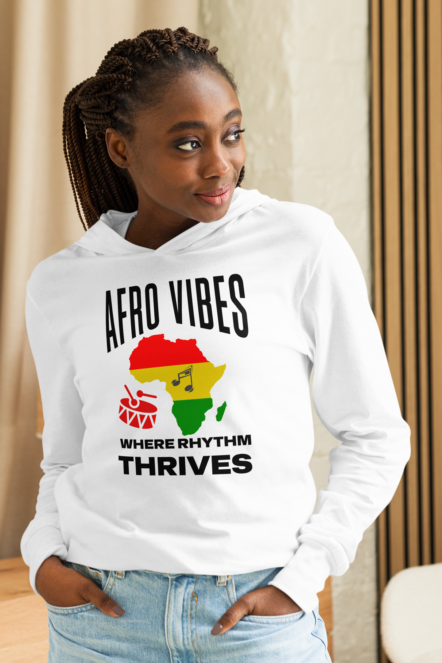 Afro Vibes Unisex White Long-Sleeve Hooded Tee